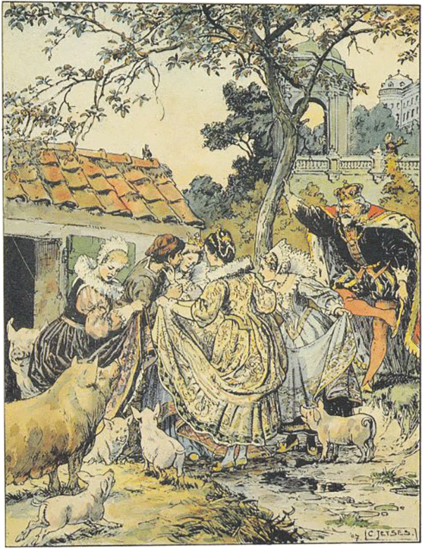 scene uit het sprookje De Varkenshoeder - tekening Cornelis Jetses